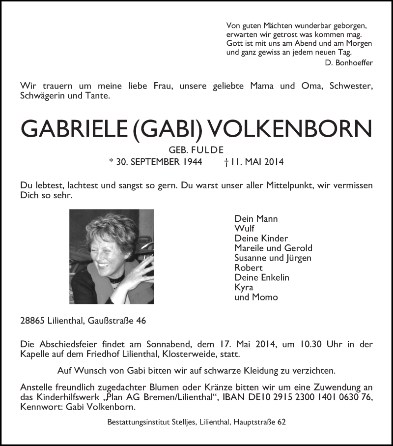 Traueranzeige von Gabriele (Gabi) Volkenborn von Wuemme Zeitung