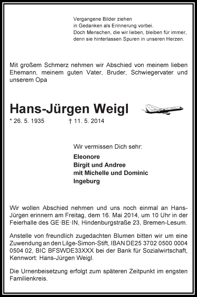Traueranzeige von Hans-Jürgen Weigl von WESER-KURIER