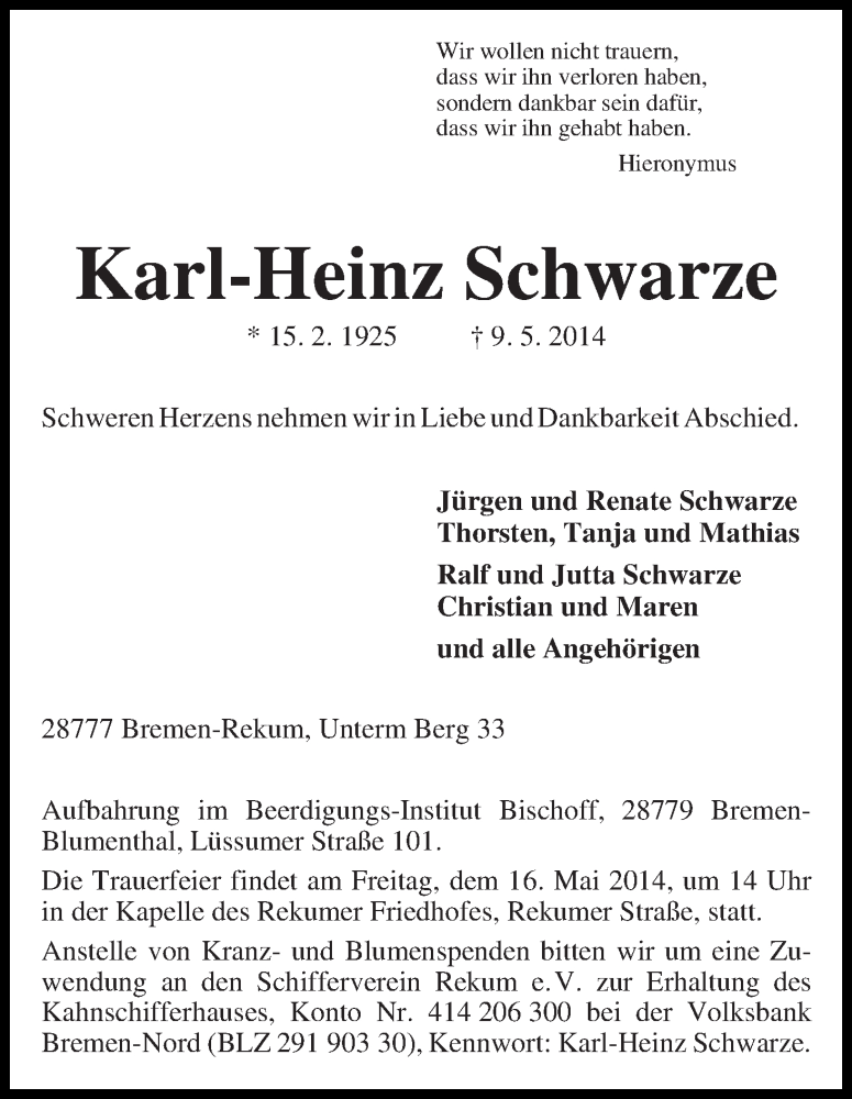 Traueranzeige von Karl-Heinz Schwarze von Die Norddeutsche