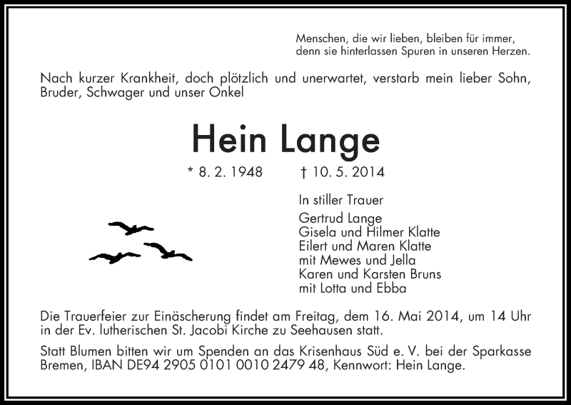 Traueranzeige von Hein Lange von WESER-KURIER