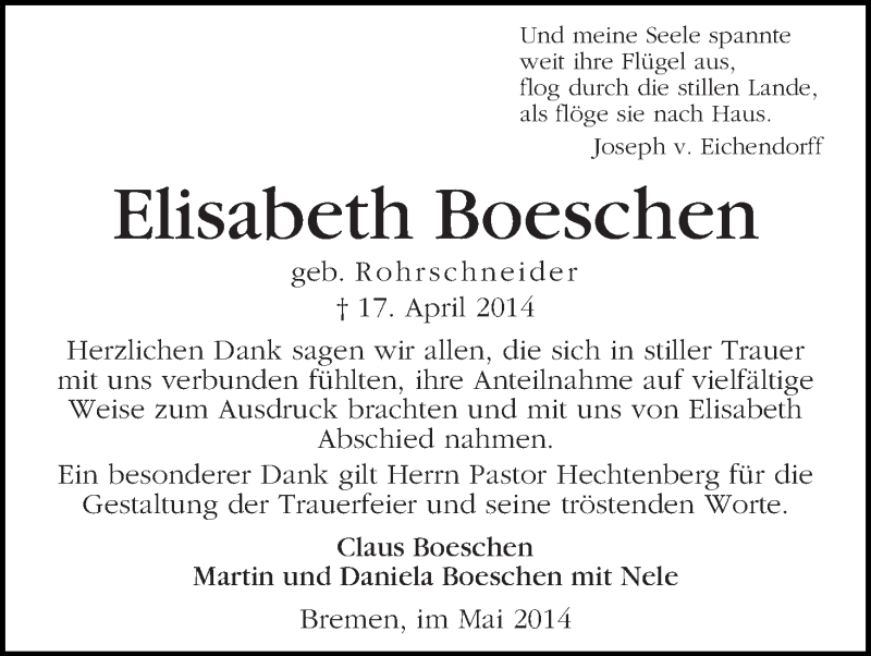 Traueranzeige von Elisabeth Boeschen von WESER-KURIER
