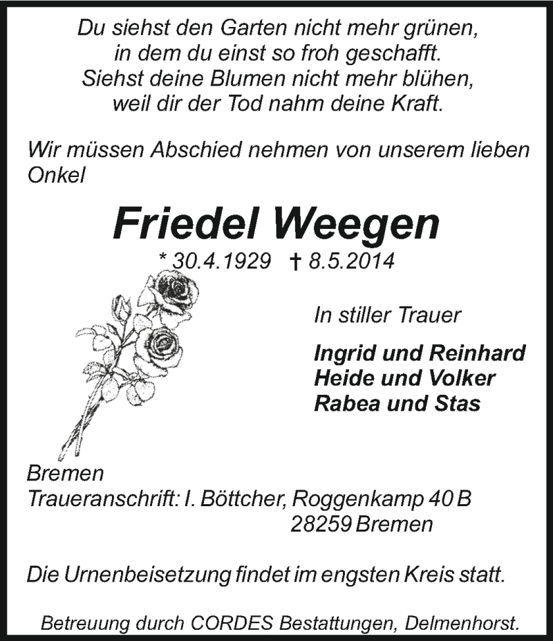Traueranzeige von Friedel Weegen von WESER-KURIER