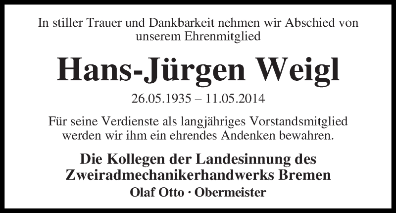 Traueranzeige von Hans-Jürgen Weigl von WESER-KURIER