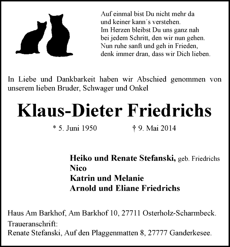 Traueranzeige von Klaus-Dieter Friedrichs von WESER-KURIER