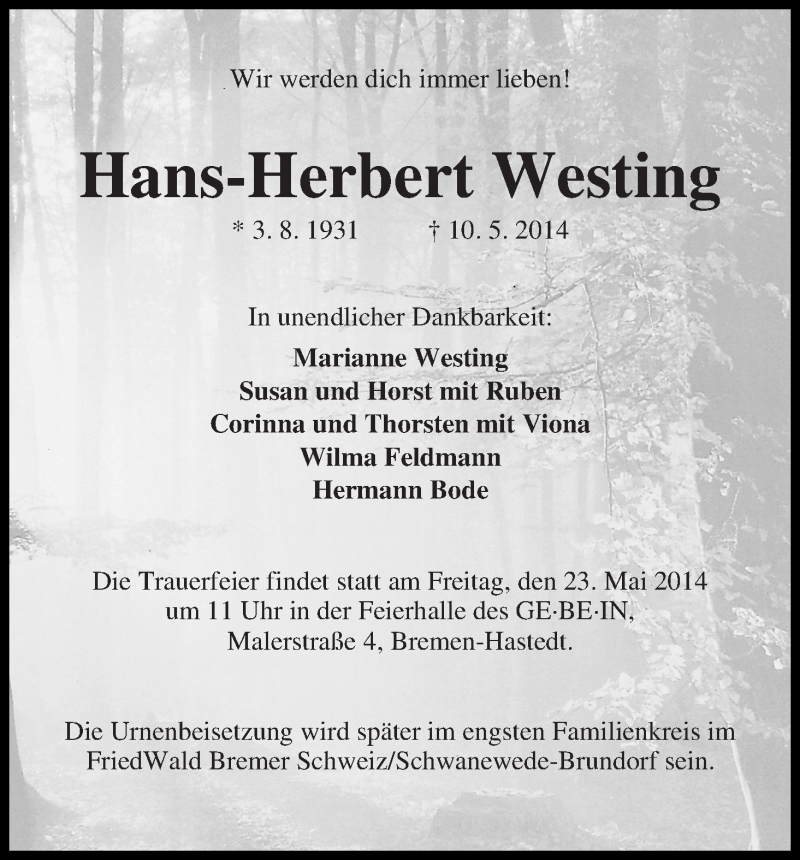 Traueranzeige von Hans-Herbert Westing von WESER-KURIER
