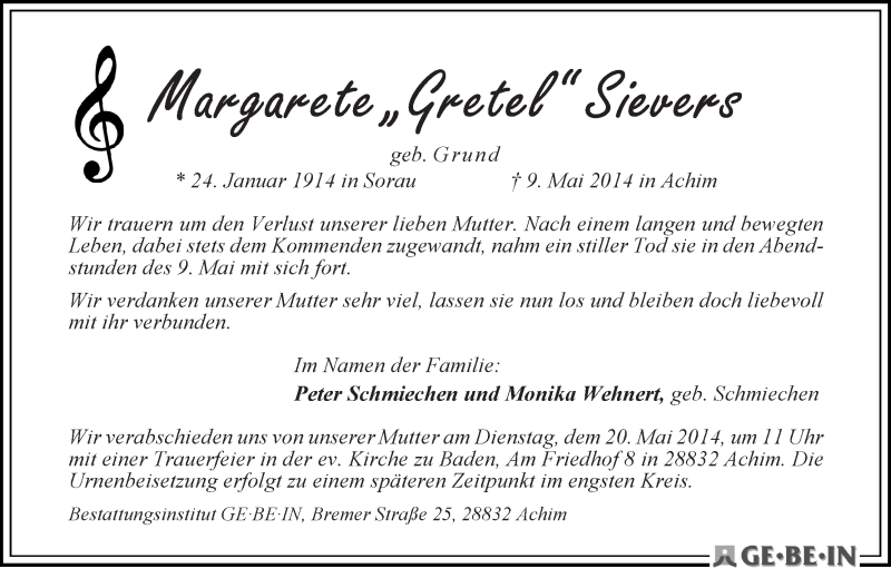 Traueranzeige von Margarete 
