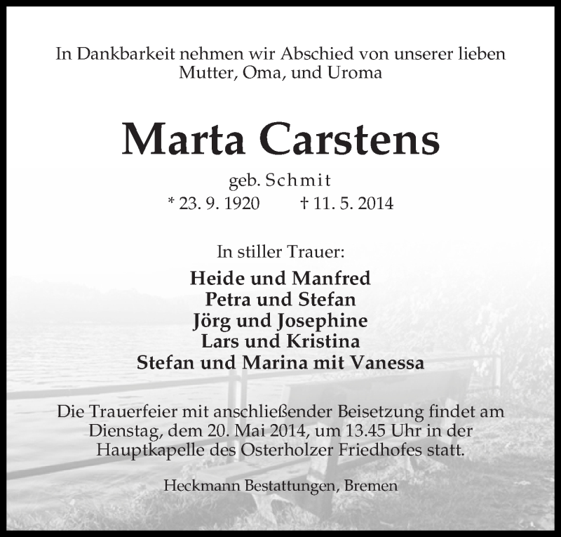 Traueranzeige von Marta Carstens von WESER-KURIER