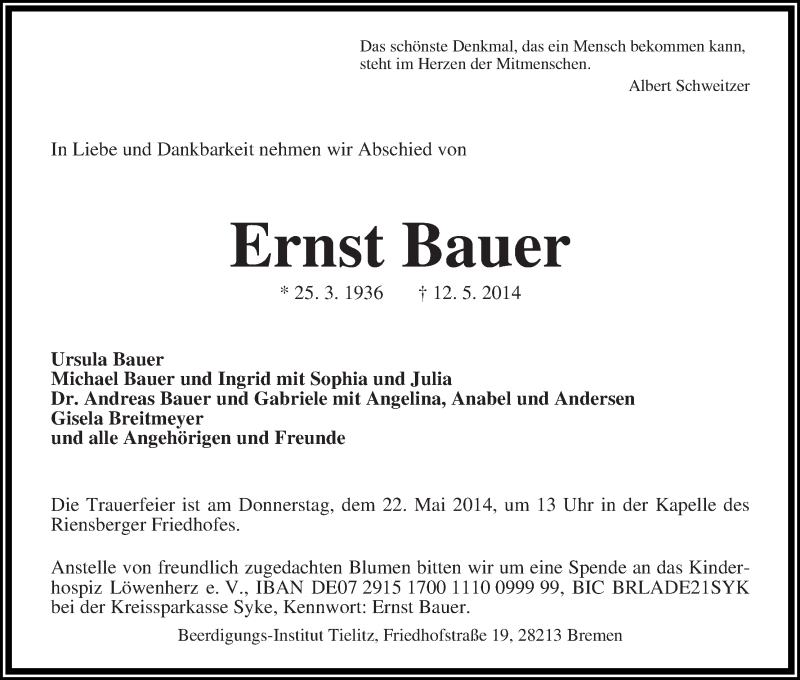 Traueranzeige von Ernst Bauer von WESER-KURIER
