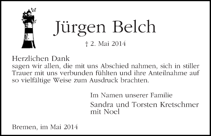 Traueranzeige von Jürgen Belch von WESER-KURIER
