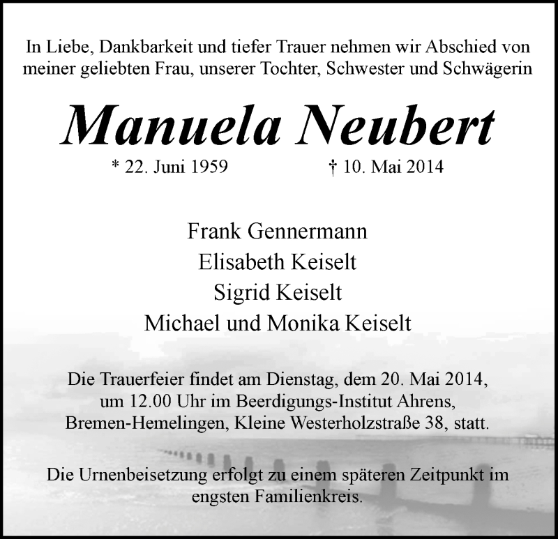 Traueranzeige von Manuela Neubert von WESER-KURIER