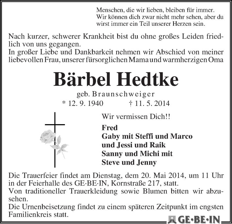 Traueranzeige von Bärbel Hedtke von WESER-KURIER