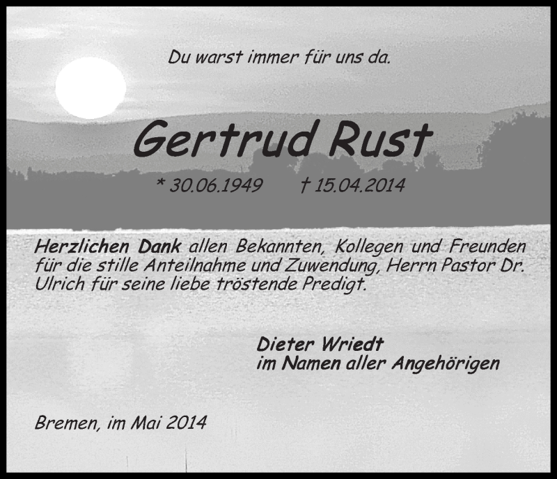 Traueranzeige von Gertrud Rust von WESER-KURIER