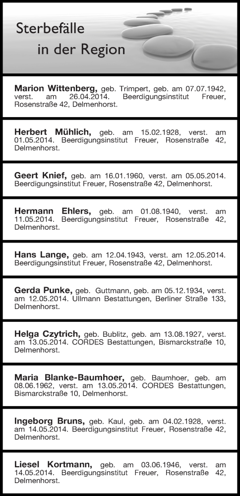 Traueranzeige von Sterbefälle 17.05.2014 Delmenhorst von Delmenhorster Kurier