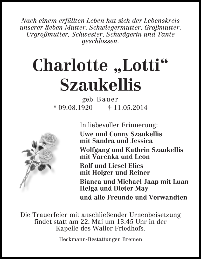 Traueranzeige von Charlotte 