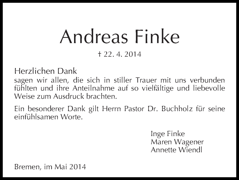 Traueranzeige von Andreas Finke von WESER-KURIER