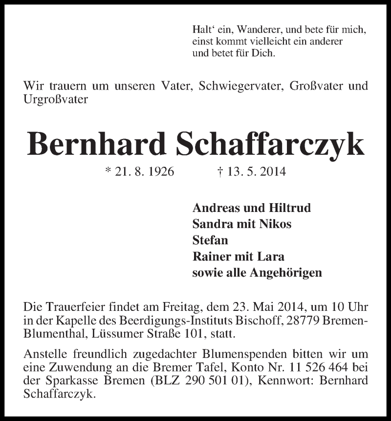 Traueranzeige von Bernhard Schffarczyk von Die Norddeutsche