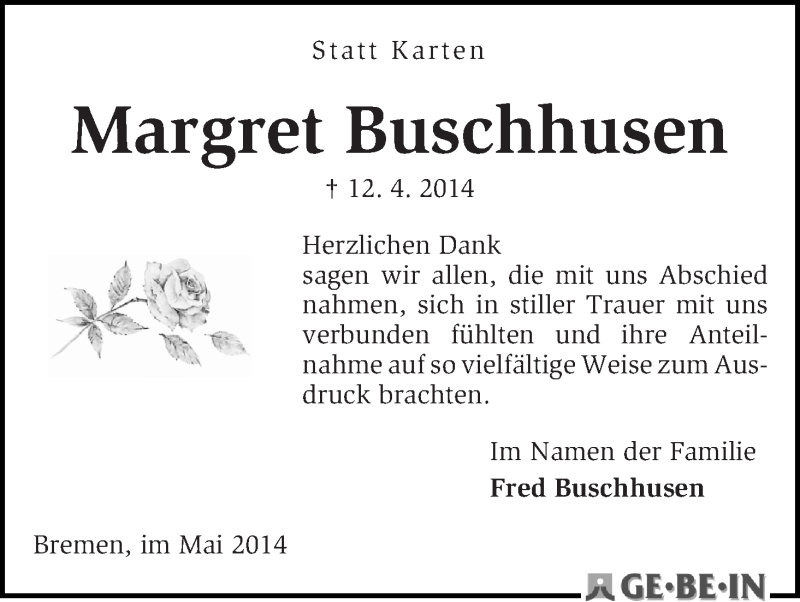 Traueranzeige von Margret Buschhusen von WESER-KURIER