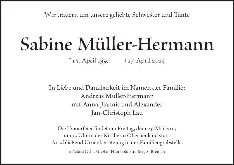 Traueranzeige von Sabine Müller-Hermann von WESER-KURIER