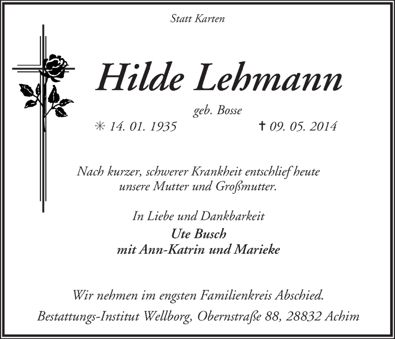 Traueranzeige von Hilde Lehmann von WESER-KURIER