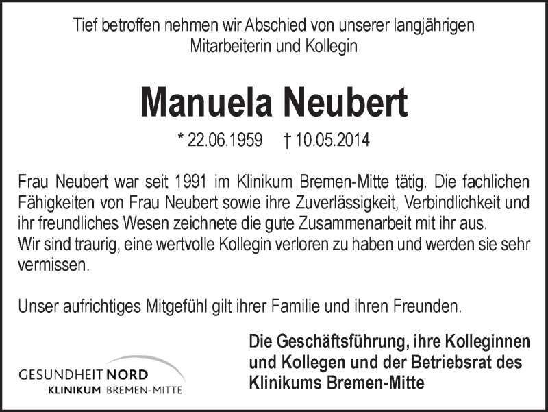 Traueranzeige von Manuela Neubert von WESER-KURIER