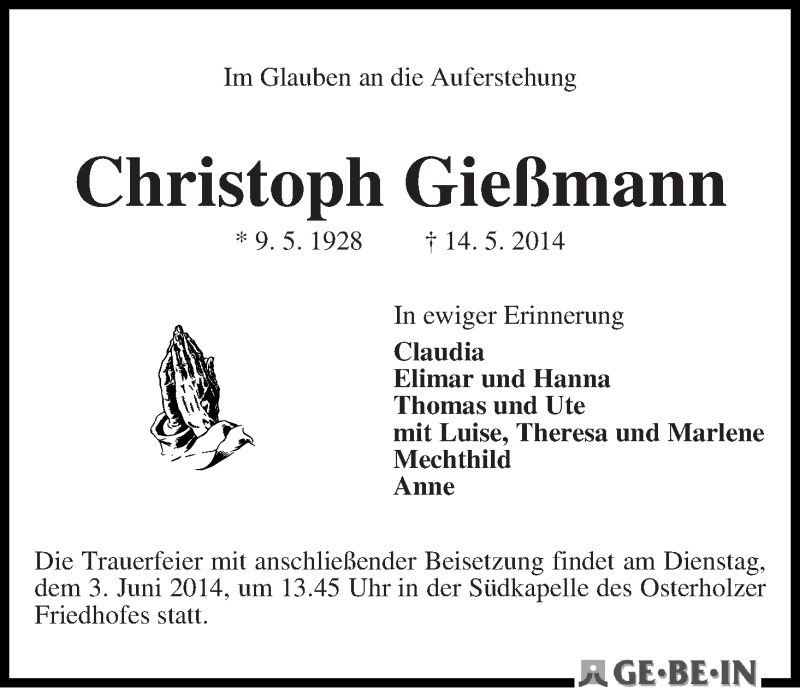 Traueranzeige von Christoph Gießmann von WESER-KURIER