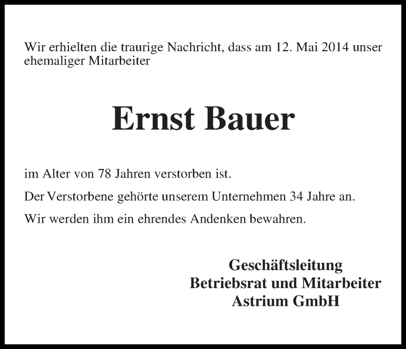 Traueranzeige von Ernst Bauer von WESER-KURIER