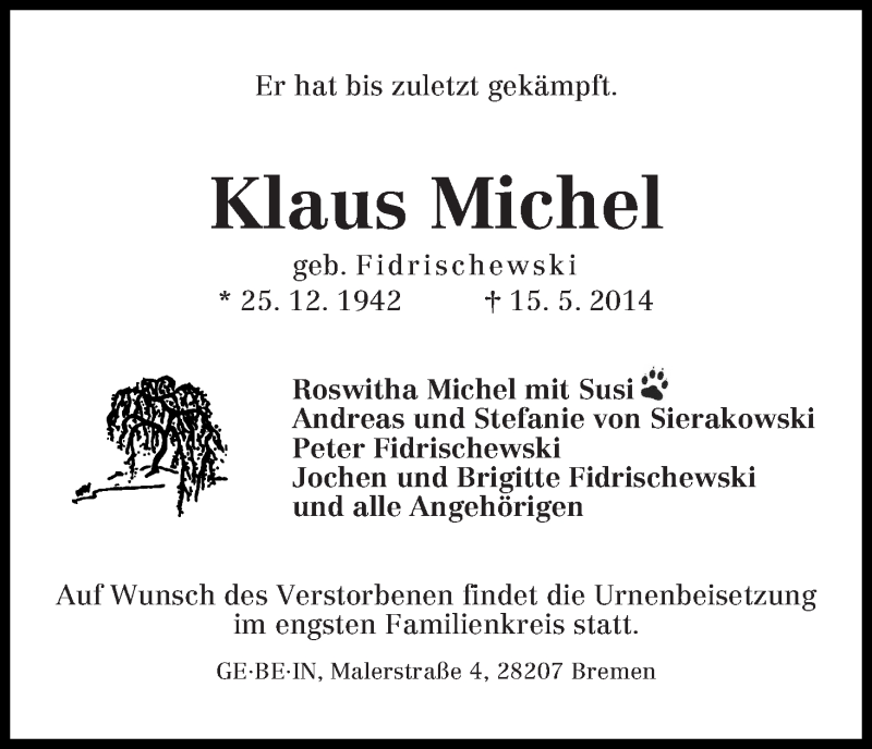 Traueranzeige von Klaus Michel von WESER-KURIER