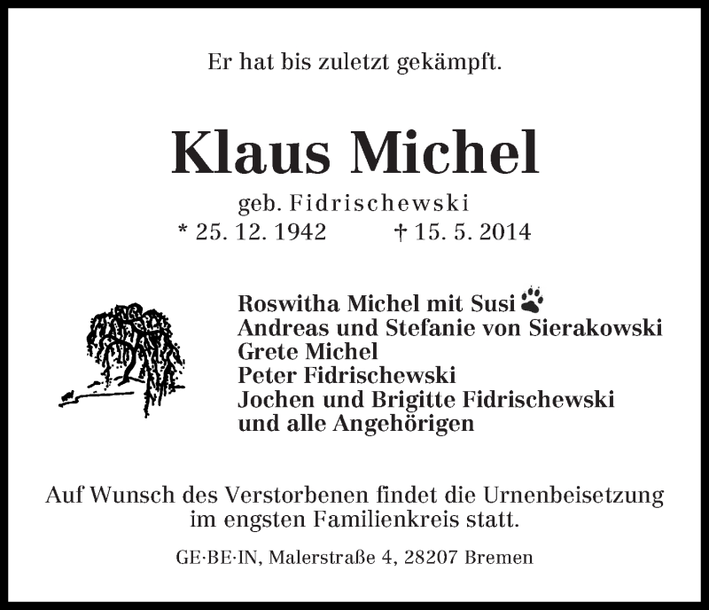 Traueranzeige von Klaus Michel von Die Norddeutsche