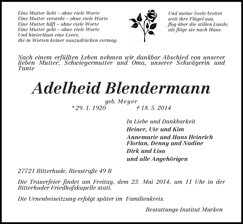 Traueranzeige von Adelheid Blendermann von Osterholzer Kreisblatt