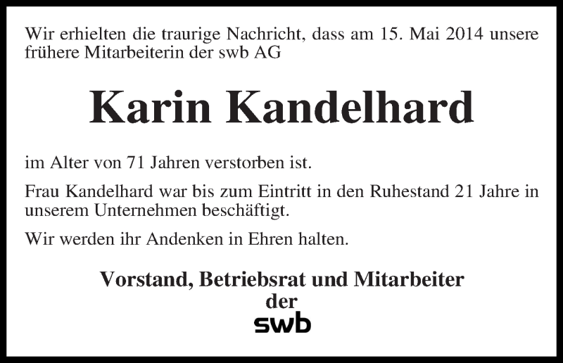 Traueranzeige von Karin Kandelhard von WESER-KURIER