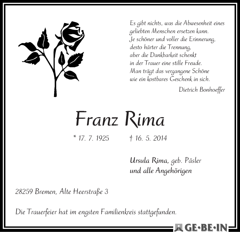 Traueranzeige von Franz Rima von WESER-KURIER
