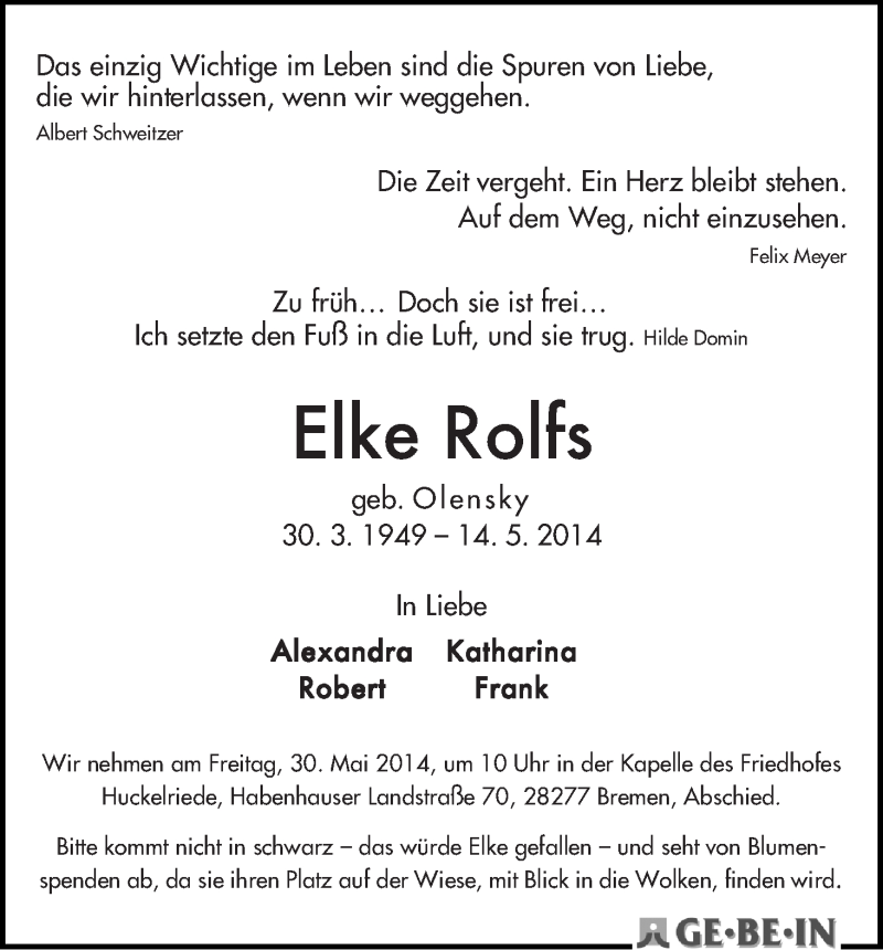 Traueranzeige von Elke Rolfs von WESER-KURIER