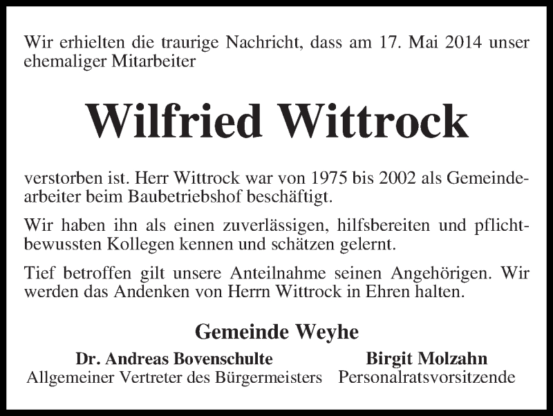 Traueranzeige von Wilfried Wittrock von Regionale Rundschau/Syker Kurier