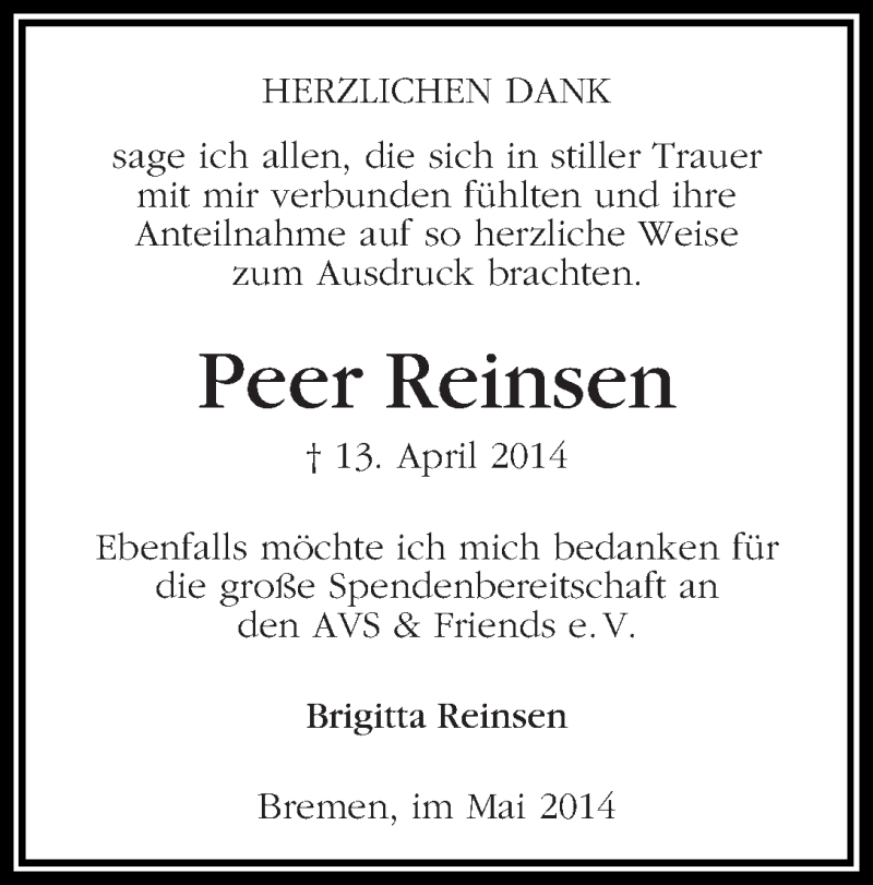 Traueranzeige von Peer Reinsen von WESER-KURIER