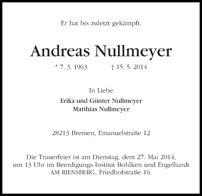 Traueranzeige von Andreas Nullmeyer von WESER-KURIER