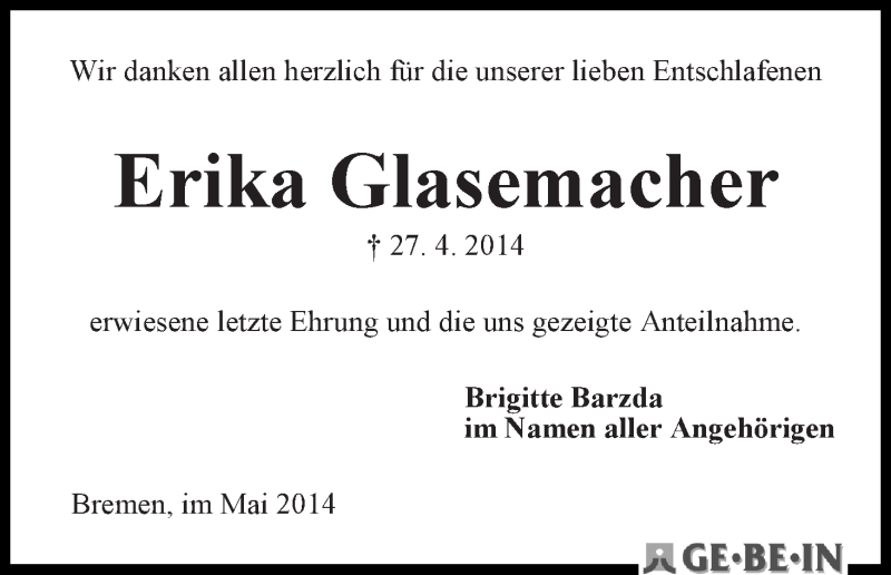 Traueranzeige von Erika Glasemacher von WESER-KURIER