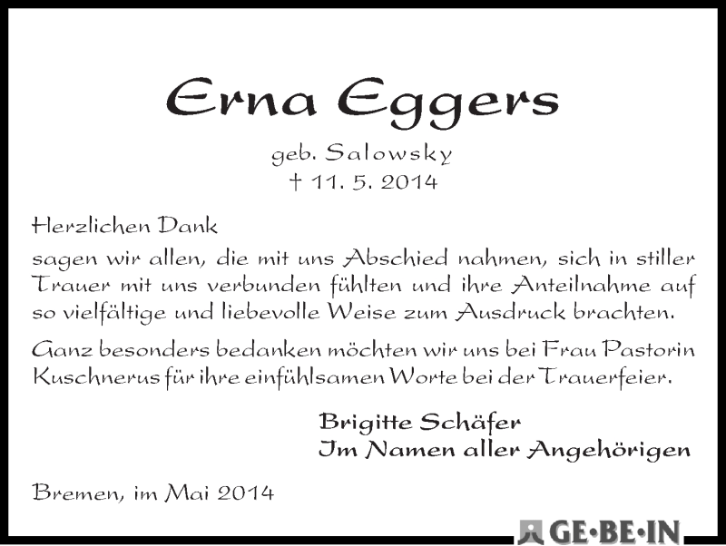 Traueranzeige von Erna Eggers von WESER-KURIER