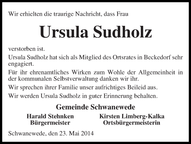 Traueranzeige von Ursula Sudholz von Die Norddeutsche