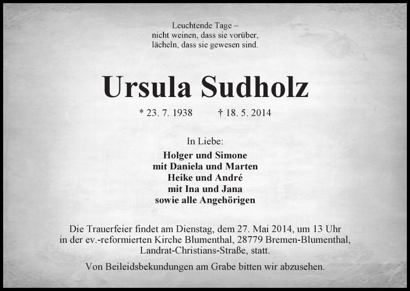 Traueranzeige von Ursula Sudholz von Die Norddeutsche