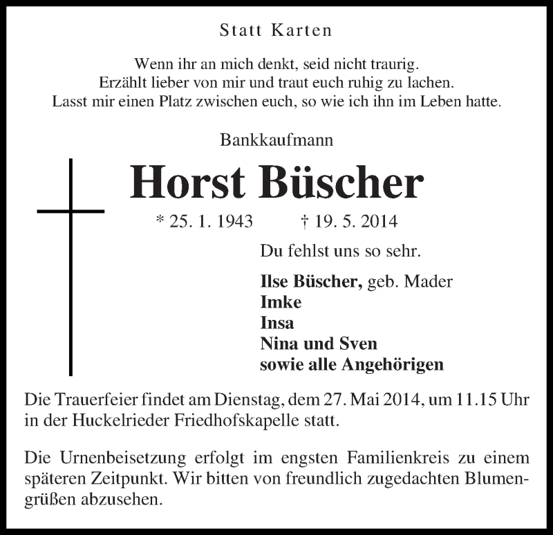 Traueranzeige von Horst Büscher von WESER-KURIER