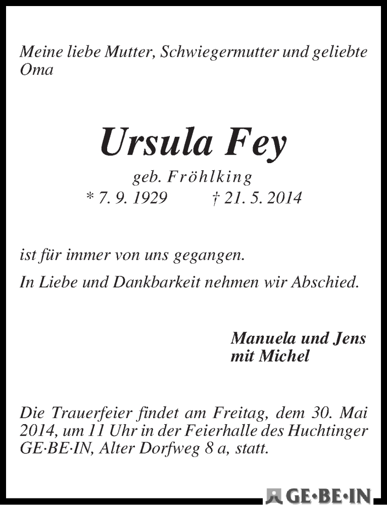 Traueranzeige von Ursula Fey von WESER-KURIER