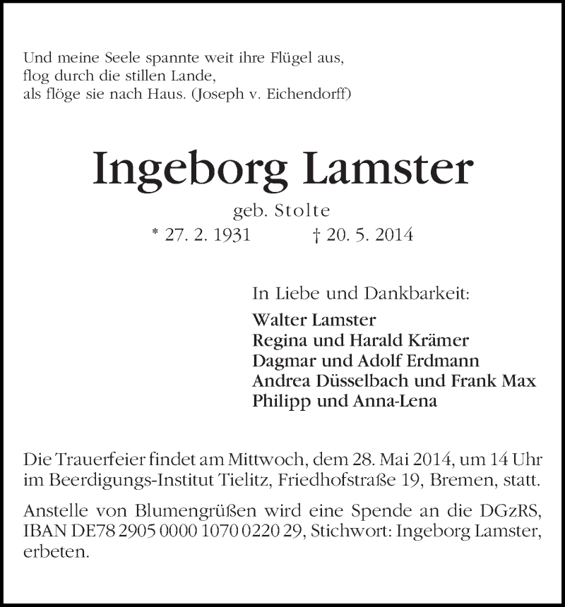 Traueranzeige von Ingeborg Lamster von WESER-KURIER
