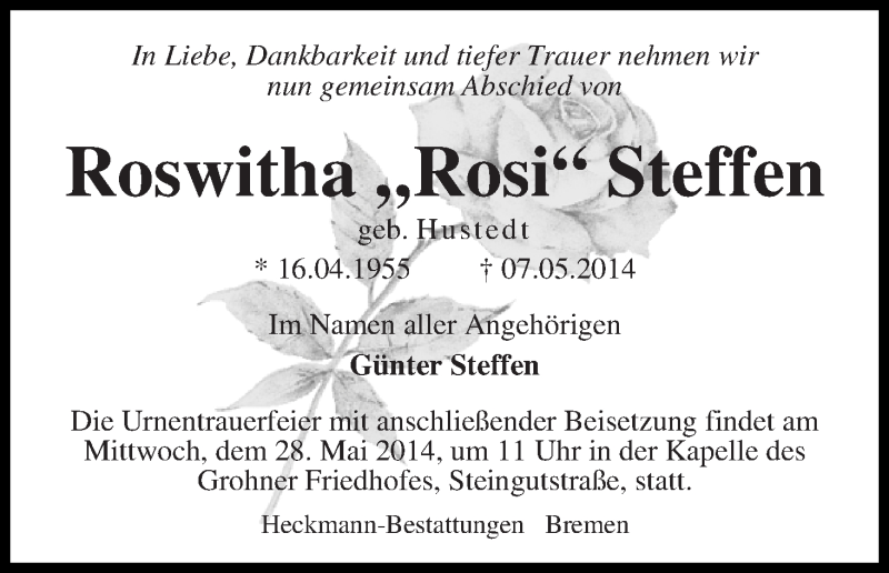 Traueranzeige von Roswithe Steffen von Die Norddeutsche