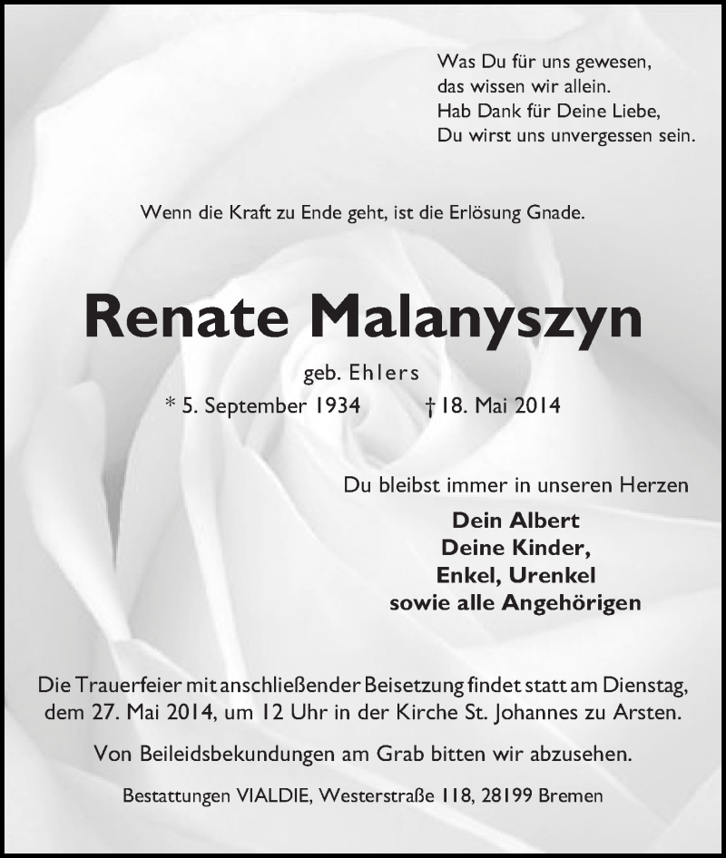 Traueranzeige von Renate Malanyszyn von WESER-KURIER