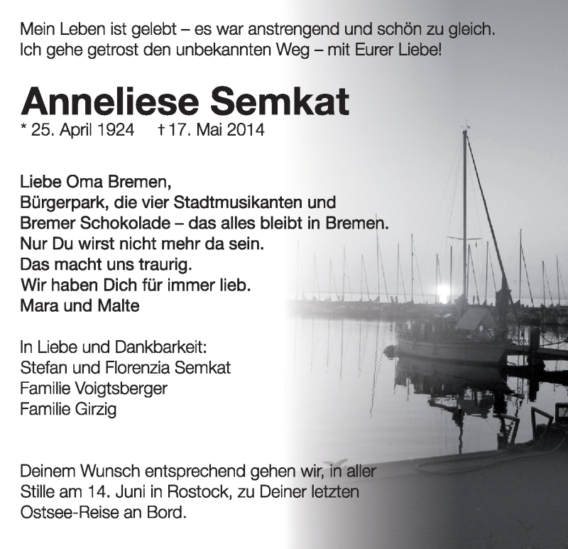 Traueranzeige von Anneliese Semkat von WESER-KURIER