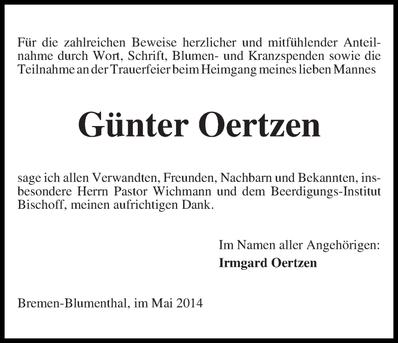 Traueranzeige von Günter Oertzen von Die Norddeutsche