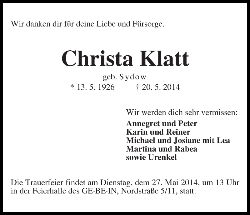 Traueranzeige von Christa Klatt von WESER-KURIER