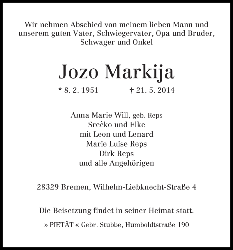Traueranzeige von Jozo Markija von WESER-KURIER