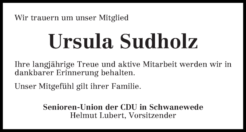 Traueranzeige von Ursula Sudholz von Die Norddeutsche