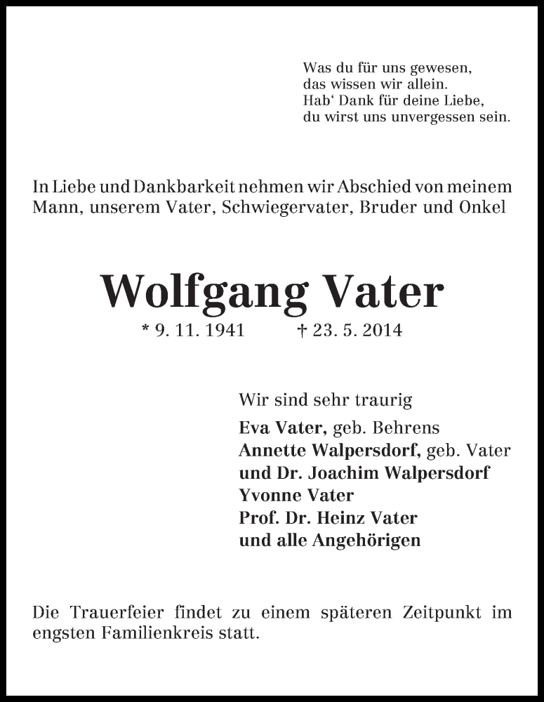 Traueranzeige von Wolfgang Vater von WESER-KURIER
